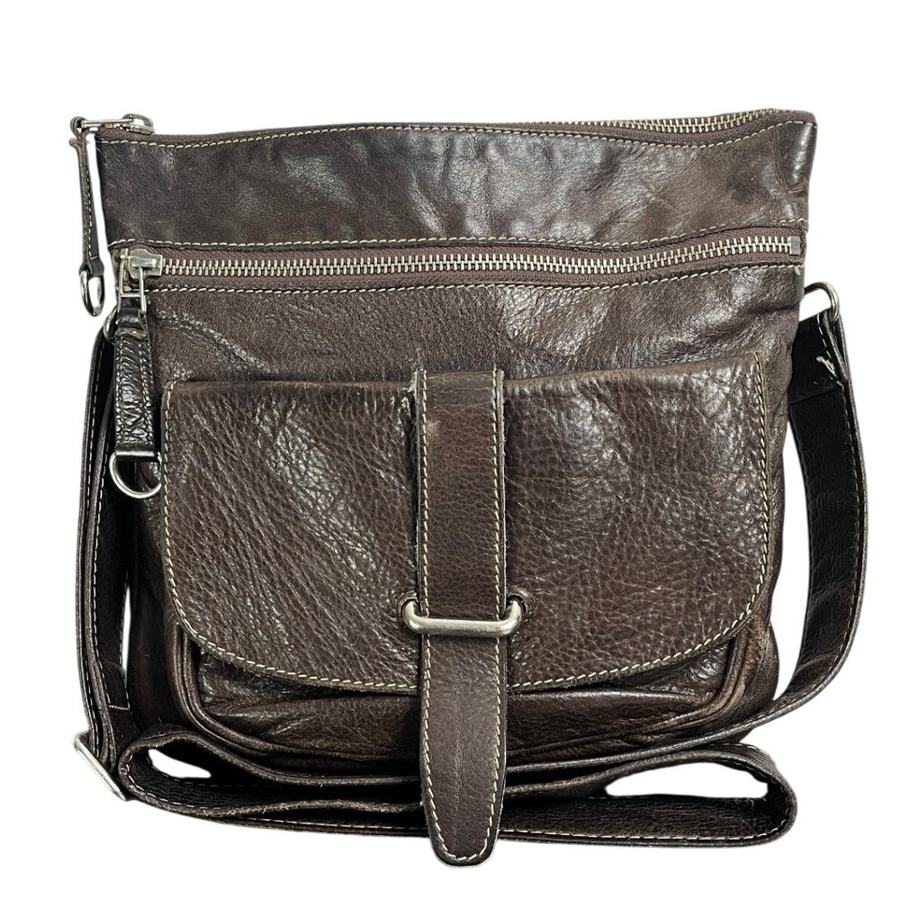 Vintage Y2K Roots Canada Dark Brown Leather Crossbody Messenger Bag Multi-Pocket